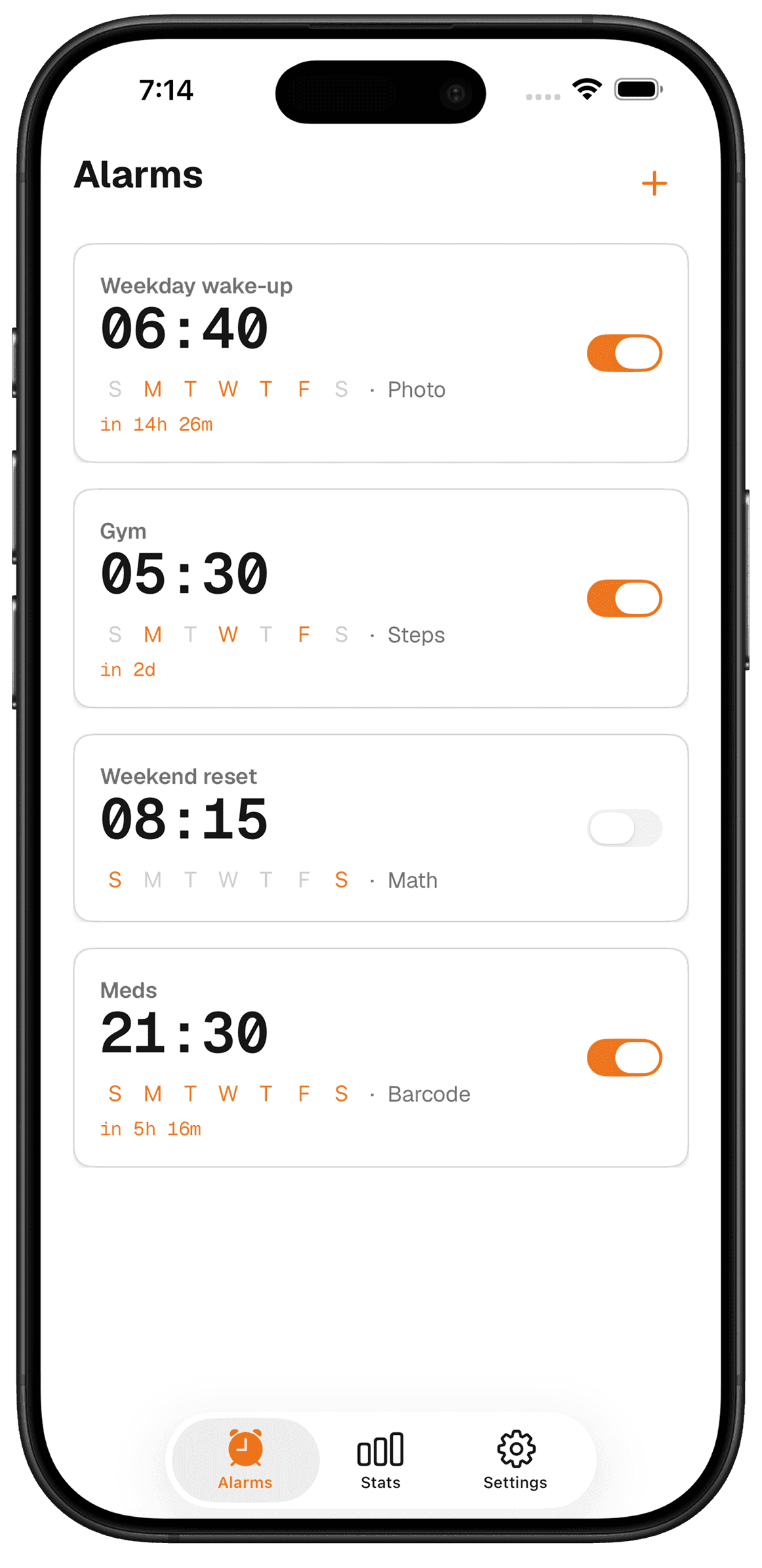 Robin alarm list: four alarms set for different times, each tagged with its mission — Photo, Steps, Math, Barcode.