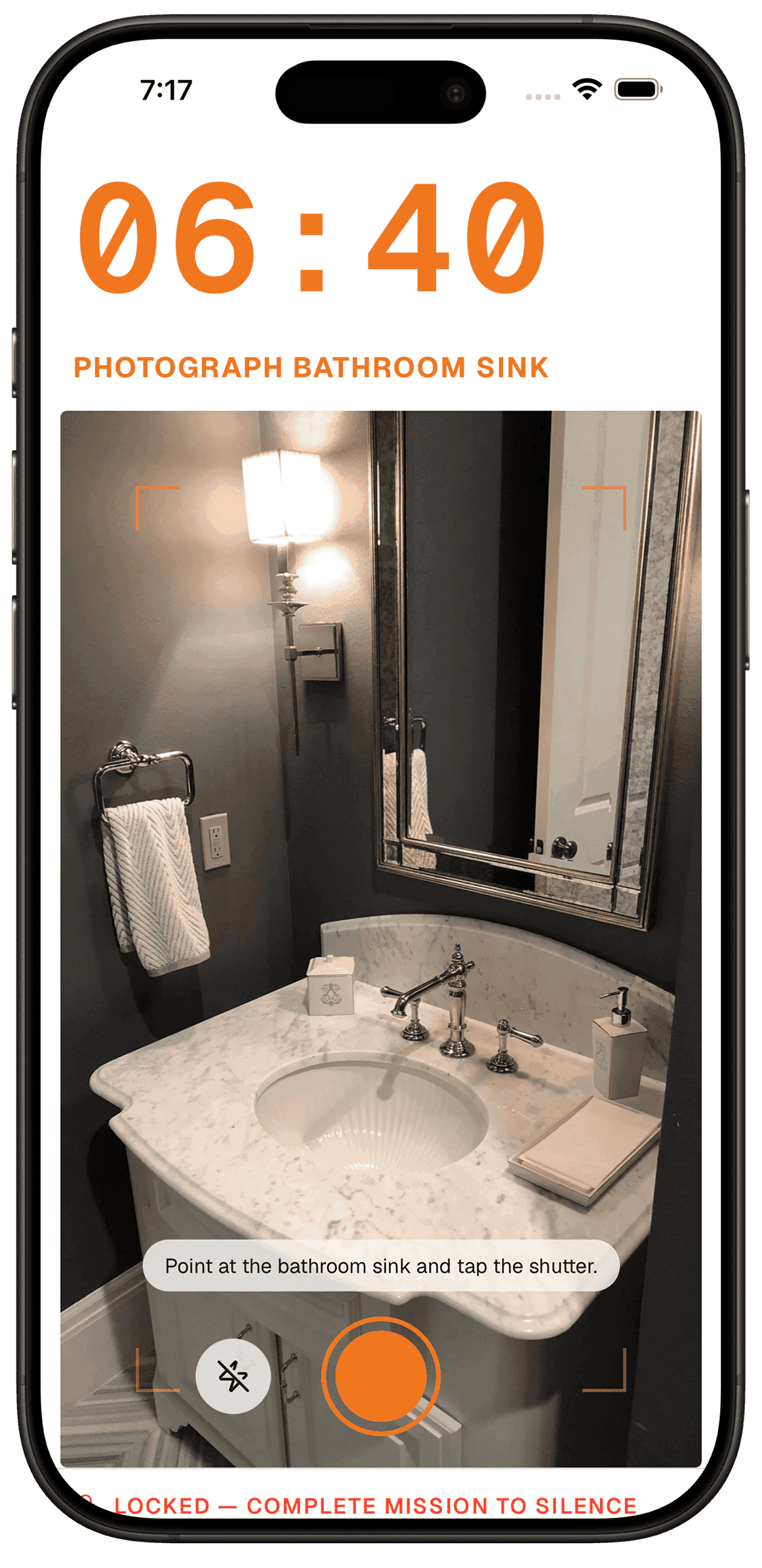 Robin's ringing screen: a 6:40 alarm locked behind a photograph-the-bathroom-sink mission, the camera viewfinder filling the screen, with a red locked bar that reads complete mission to silence.