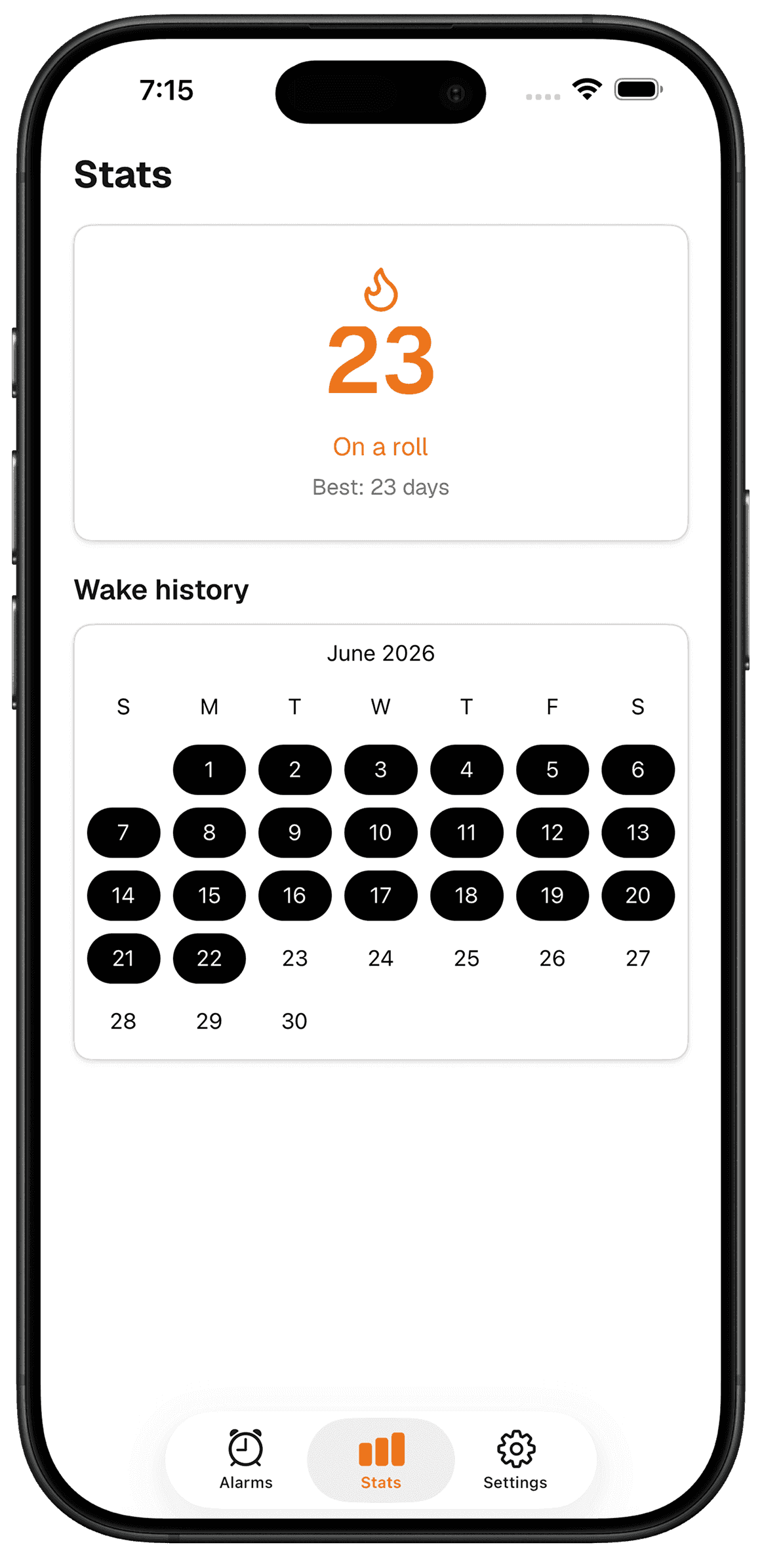 Robin stats screen: a 23-day streak marked "On a roll" above a June wake-history calendar.